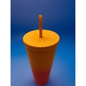 Mainstays‎ Ombre Orange Pink Raspberry Tumbler Cup 26 oz Textured Plastic Straw